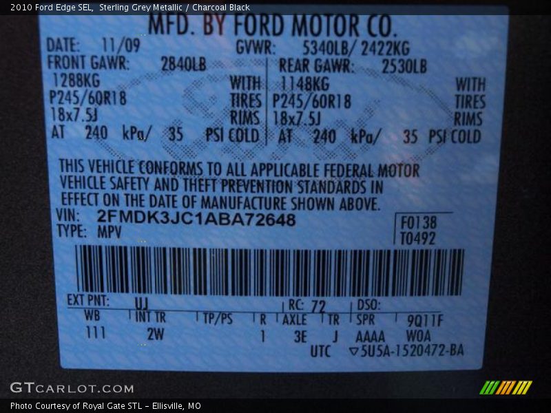 Sterling Grey Metallic / Charcoal Black 2010 Ford Edge SEL