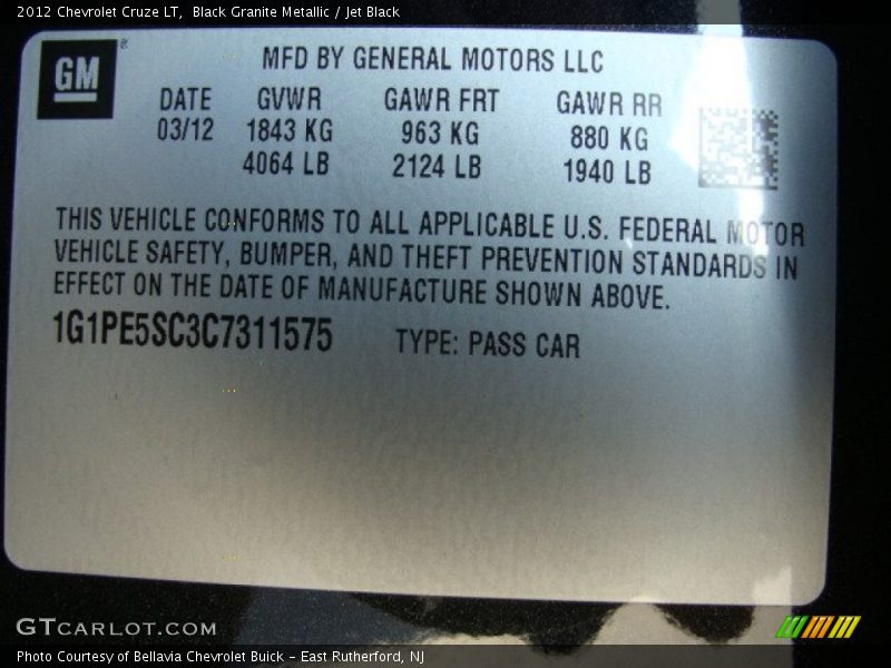 Black Granite Metallic / Jet Black 2012 Chevrolet Cruze LT