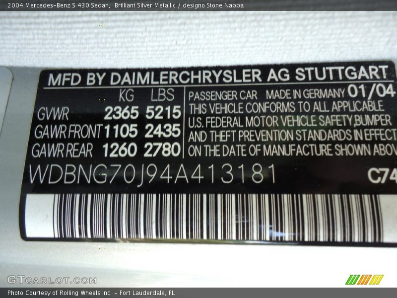 Brilliant Silver Metallic / designo Stone Nappa 2004 Mercedes-Benz S 430 Sedan