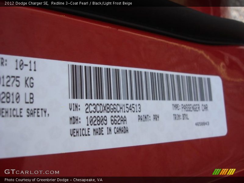 Redline 3-Coat Pearl / Black/Light Frost Beige 2012 Dodge Charger SE