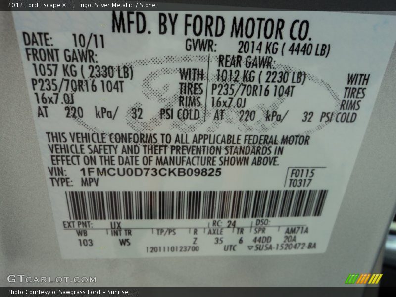 Ingot Silver Metallic / Stone 2012 Ford Escape XLT