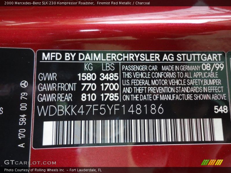 2000 SLK 230 Kompressor Roadster Firemist Red Metallic Color Code 548