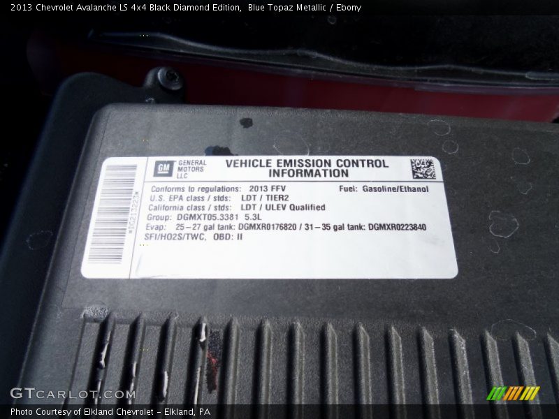 Info Tag of 2013 Avalanche LS 4x4 Black Diamond Edition