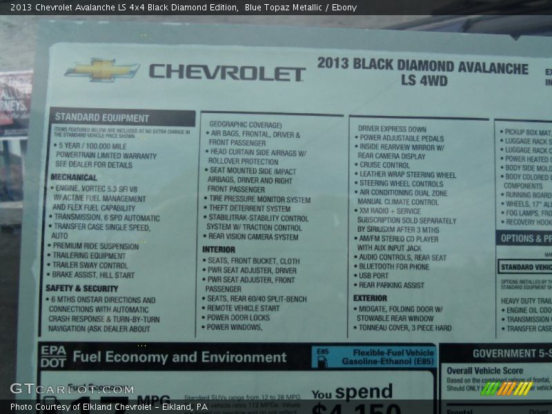  2013 Avalanche LS 4x4 Black Diamond Edition Window Sticker