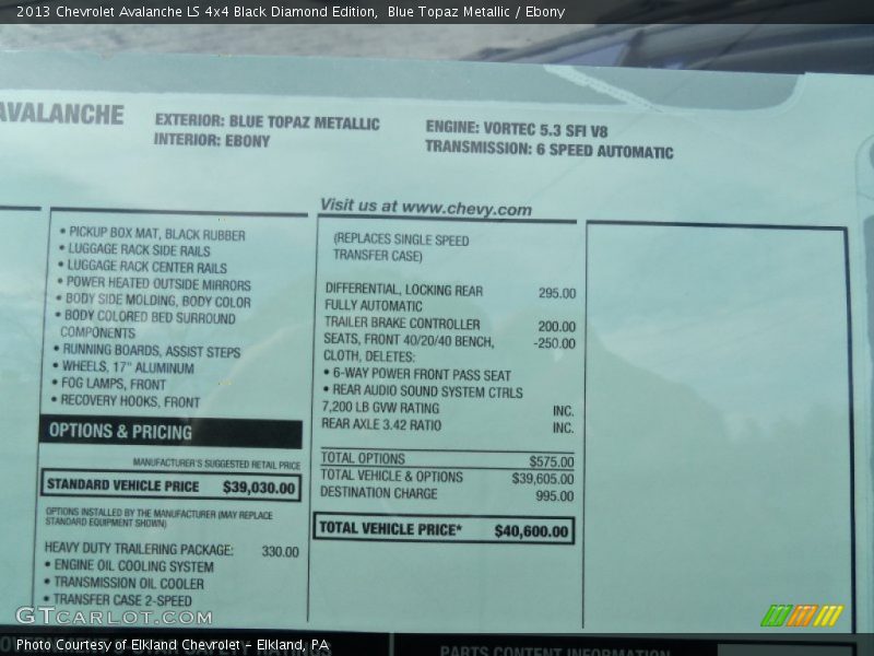  2013 Avalanche LS 4x4 Black Diamond Edition Window Sticker
