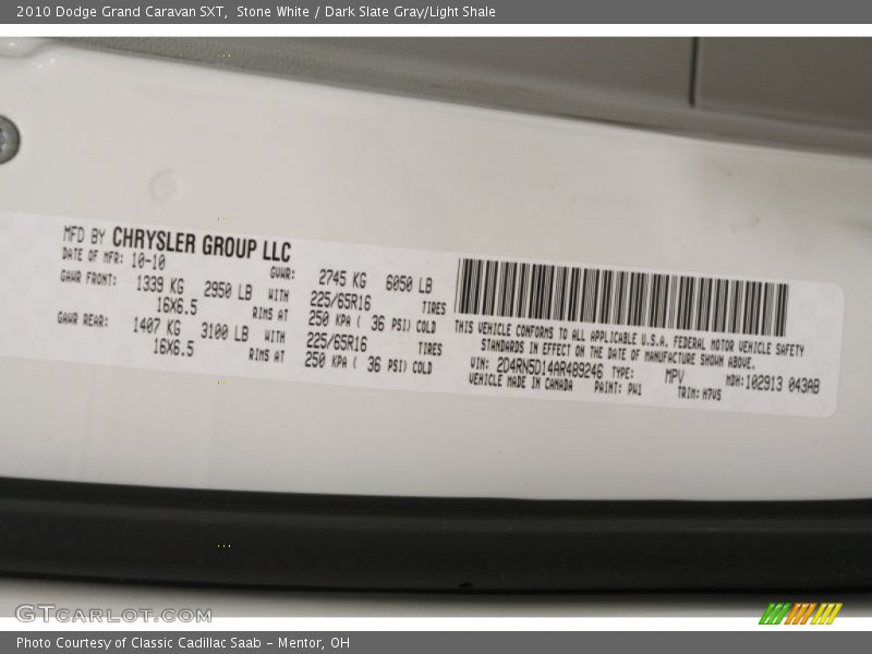 Stone White / Dark Slate Gray/Light Shale 2010 Dodge Grand Caravan SXT