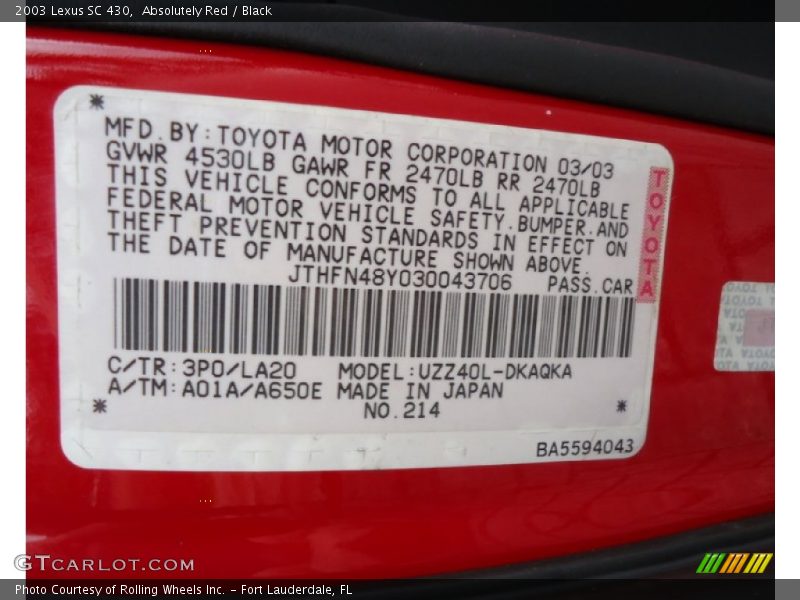2003 SC 430 Absolutely Red Color Code 3P0