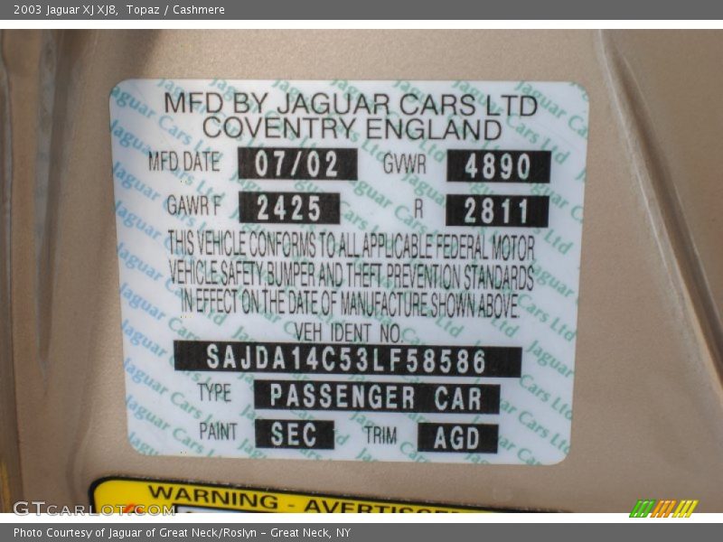 2003 XJ XJ8 Topaz Color Code SEC