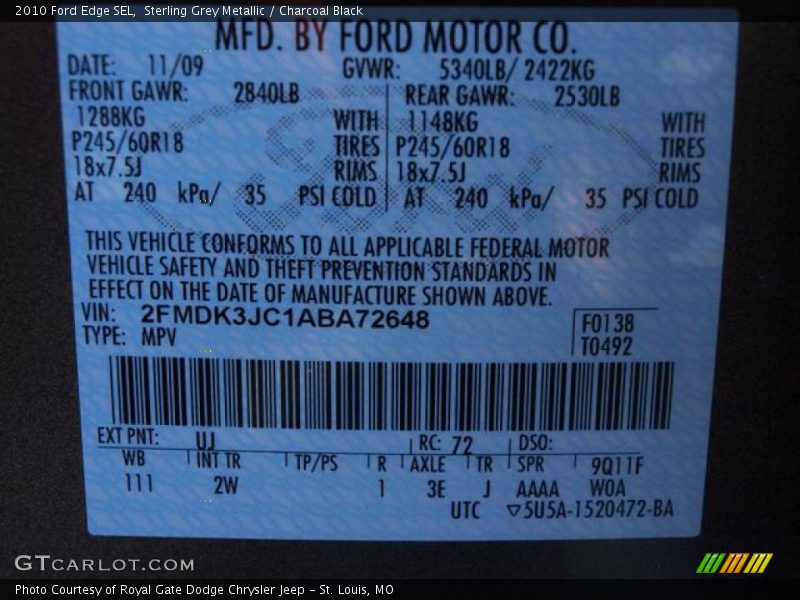 Sterling Grey Metallic / Charcoal Black 2010 Ford Edge SEL