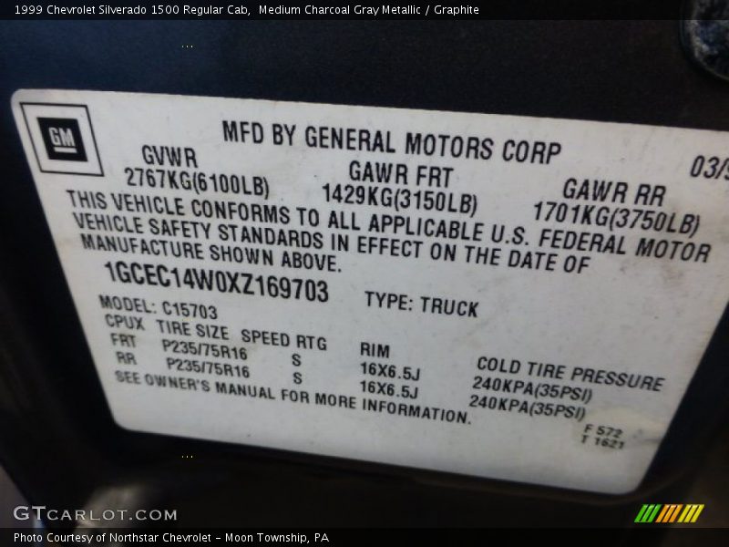 Medium Charcoal Gray Metallic / Graphite 1999 Chevrolet Silverado 1500 Regular Cab