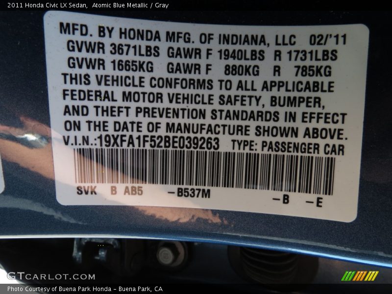 Atomic Blue Metallic / Gray 2011 Honda Civic LX Sedan
