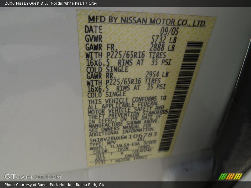 Nordic White Pearl / Gray 2006 Nissan Quest 3.5