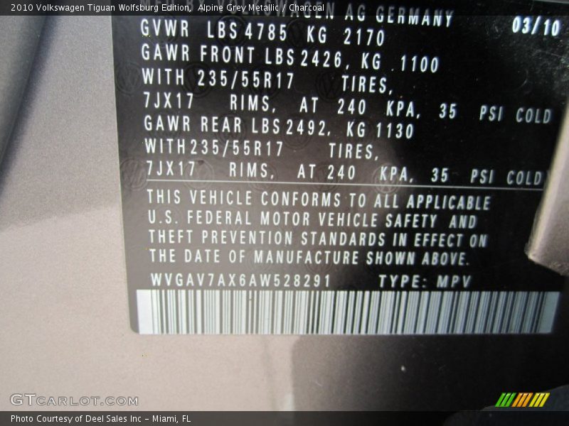 Alpine Grey Metallic / Charcoal 2010 Volkswagen Tiguan Wolfsburg Edition