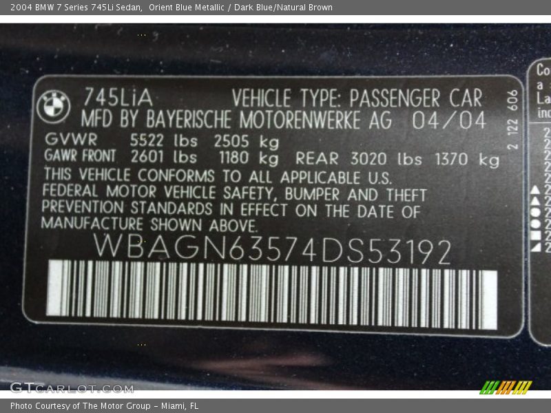 Info Tag of 2004 7 Series 745Li Sedan