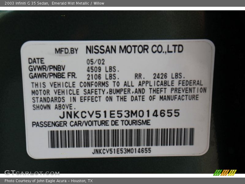 Info Tag of 2003 G 35 Sedan