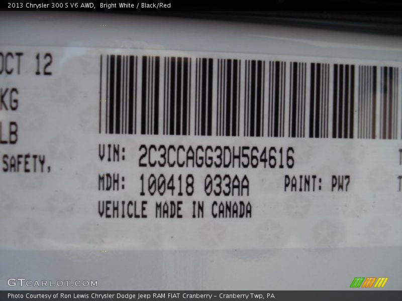 Bright White / Black/Red 2013 Chrysler 300 S V6 AWD