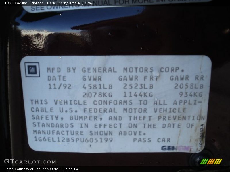 Info Tag of 1993 Eldorado 