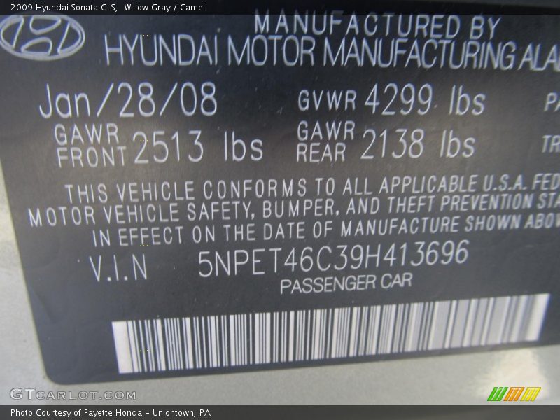 Willow Gray / Camel 2009 Hyundai Sonata GLS