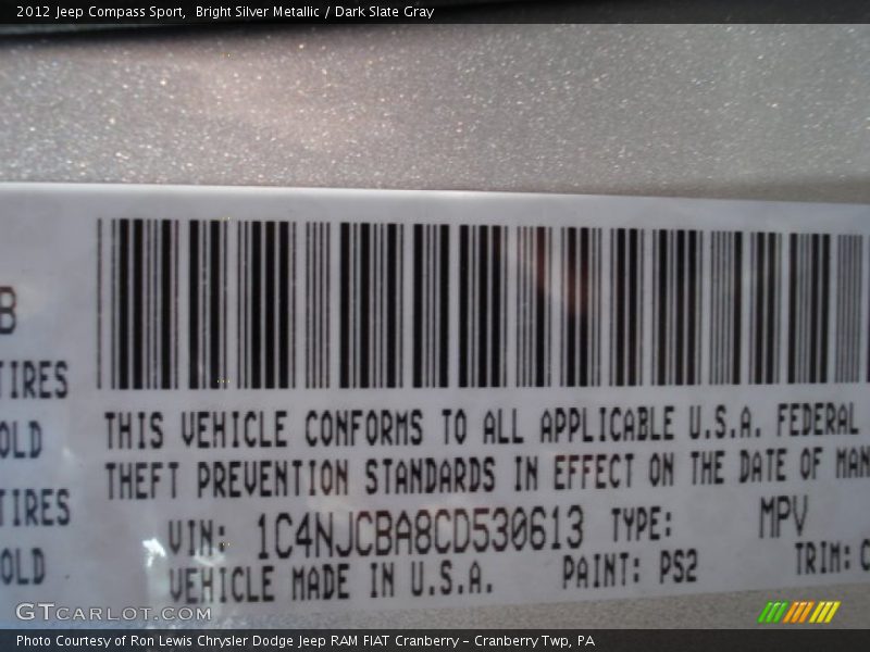 Bright Silver Metallic / Dark Slate Gray 2012 Jeep Compass Sport
