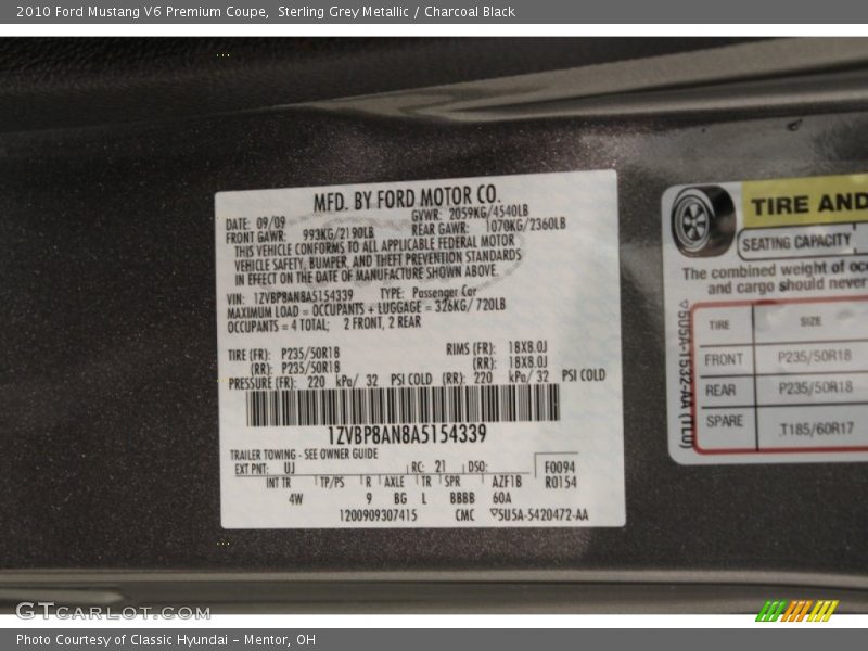 2010 Mustang V6 Premium Coupe Sterling Grey Metallic Color Code UJ