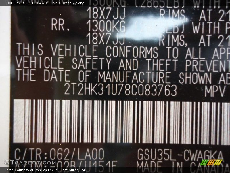 Crystal White / Ivory 2008 Lexus RX 350 AWD