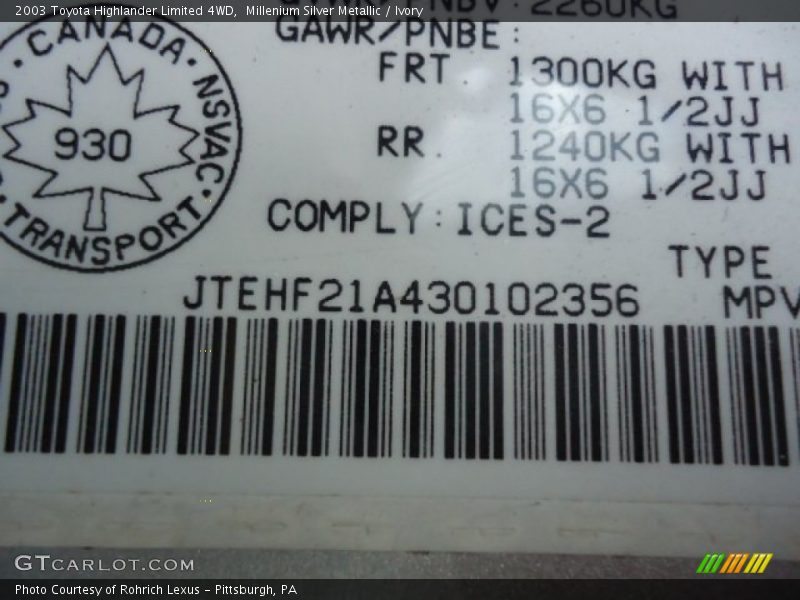 Millenium Silver Metallic / Ivory 2003 Toyota Highlander Limited 4WD
