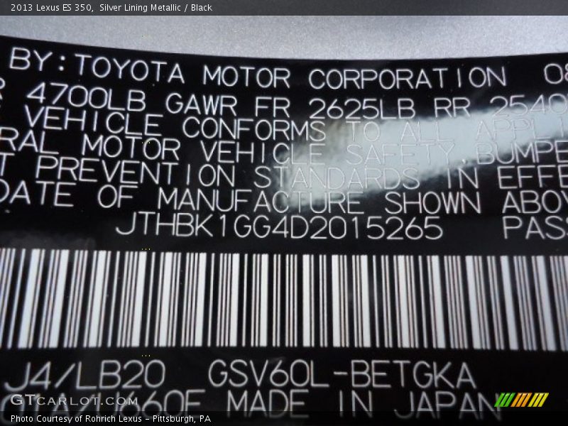 Silver Lining Metallic / Black 2013 Lexus ES 350