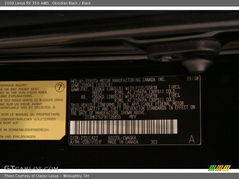 Obsidian Black / Black 2009 Lexus RX 350 AWD