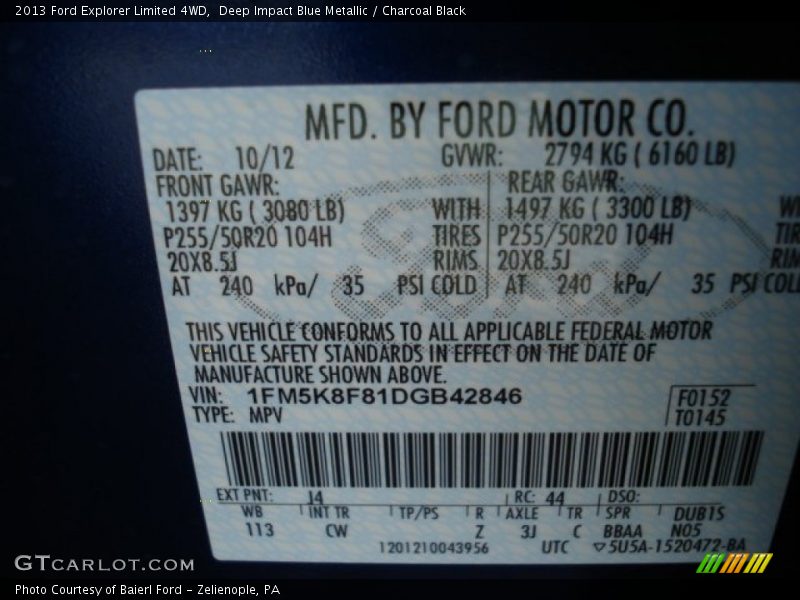 Deep Impact Blue Metallic / Charcoal Black 2013 Ford Explorer Limited 4WD