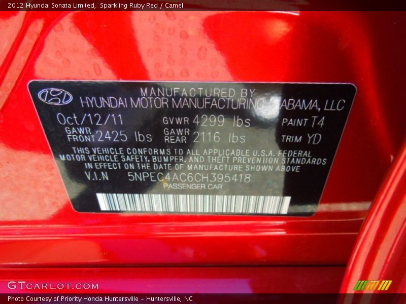 Sparkling Ruby Red / Camel 2012 Hyundai Sonata Limited