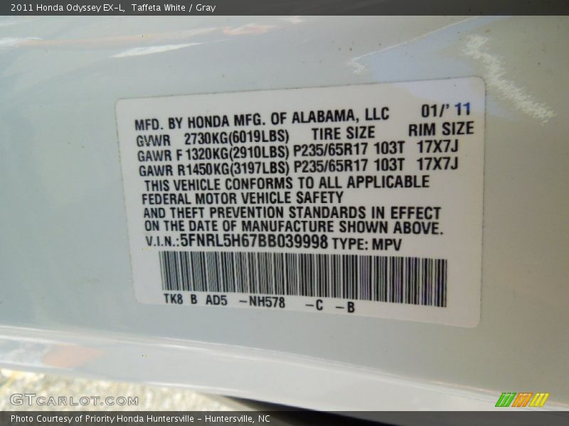 Taffeta White / Gray 2011 Honda Odyssey EX-L