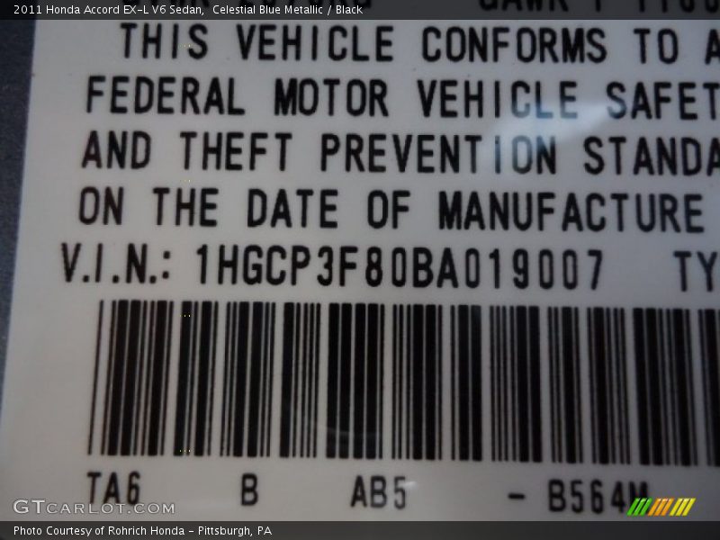 Celestial Blue Metallic / Black 2011 Honda Accord EX-L V6 Sedan