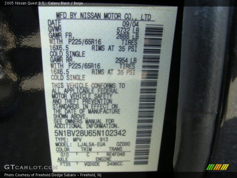 Galaxy Black / Beige 2005 Nissan Quest 3.5