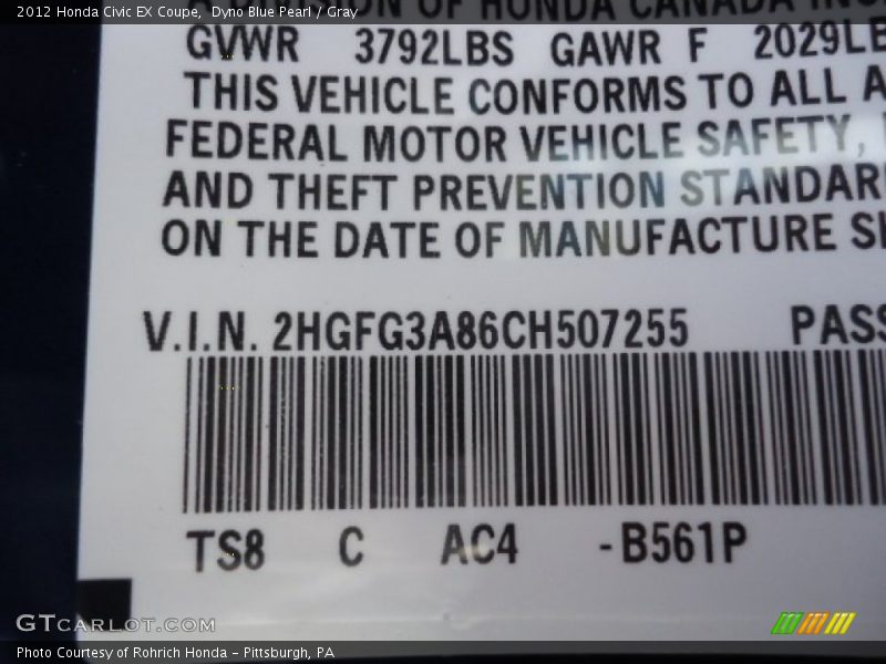 2012 Civic EX Coupe Dyno Blue Pearl Color Code B561P