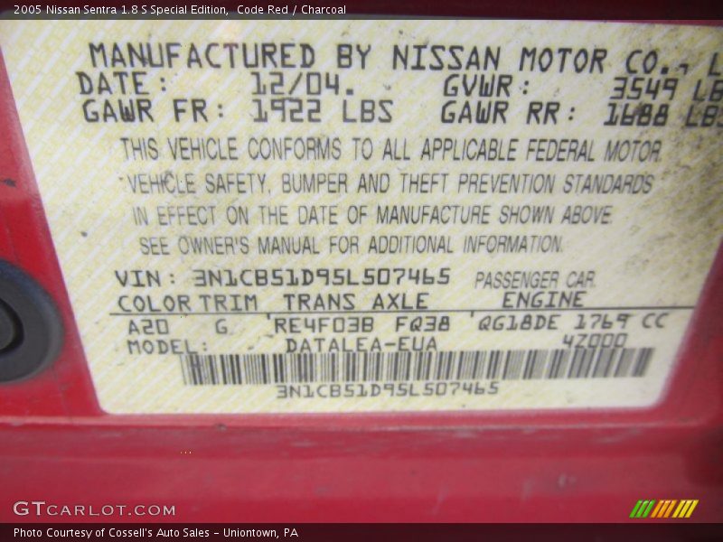 Code Red / Charcoal 2005 Nissan Sentra 1.8 S Special Edition