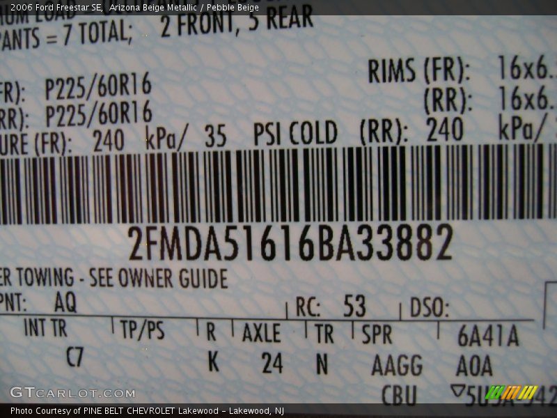 2006 Freestar SE Arizona Beige Metallic Color Code AQ