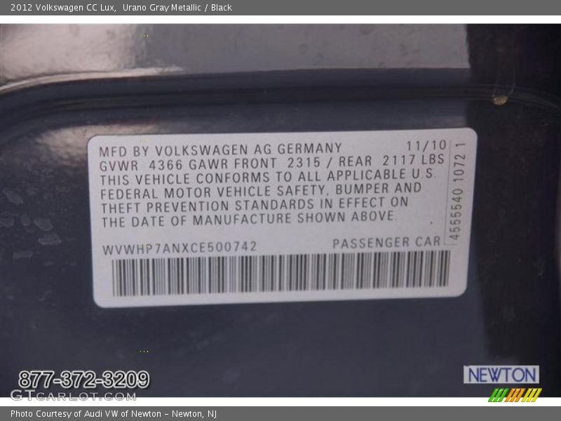 Urano Gray Metallic / Black 2012 Volkswagen CC Lux