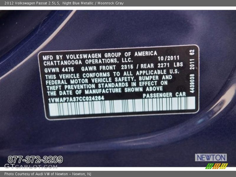 Night Blue Metallic / Moonrock Gray 2012 Volkswagen Passat 2.5L S