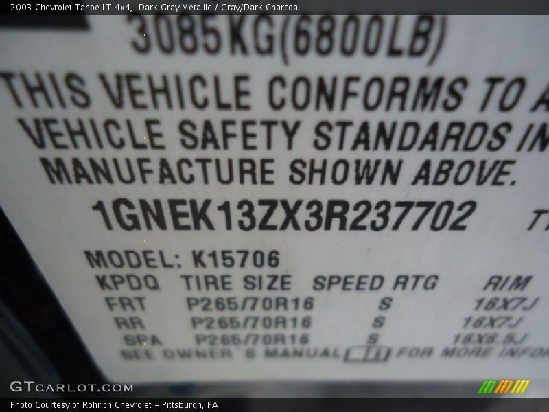 Dark Gray Metallic / Gray/Dark Charcoal 2003 Chevrolet Tahoe LT 4x4