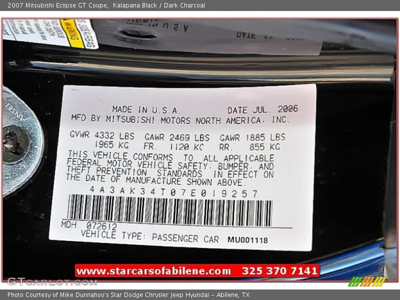 Kalapana Black / Dark Charcoal 2007 Mitsubishi Eclipse GT Coupe