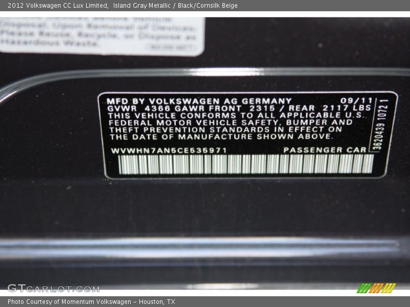 Island Gray Metallic / Black/Cornsilk Beige 2012 Volkswagen CC Lux Limited