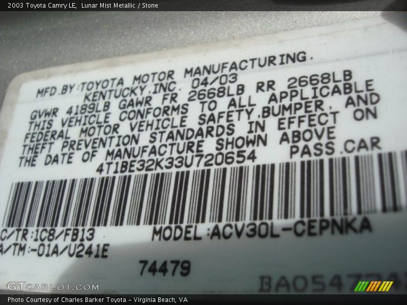 Lunar Mist Metallic / Stone 2003 Toyota Camry LE