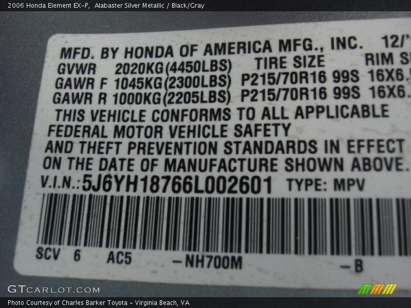 Alabaster Silver Metallic / Black/Gray 2006 Honda Element EX-P