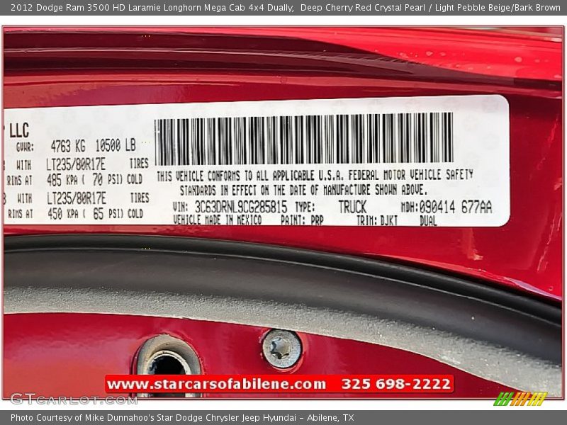 Deep Cherry Red Crystal Pearl / Light Pebble Beige/Bark Brown 2012 Dodge Ram 3500 HD Laramie Longhorn Mega Cab 4x4 Dually