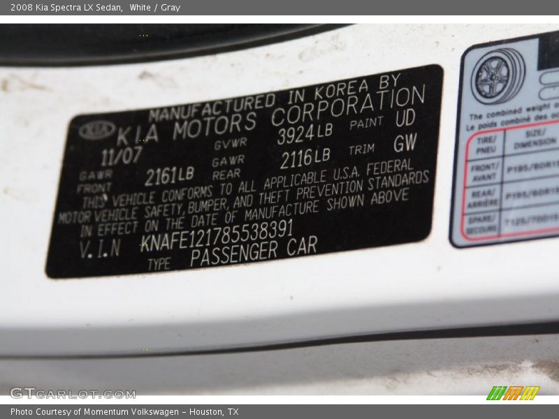 White / Gray 2008 Kia Spectra LX Sedan