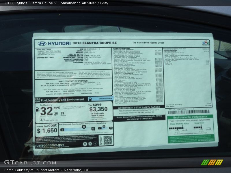 Shimmering Air Silver / Gray 2013 Hyundai Elantra Coupe SE