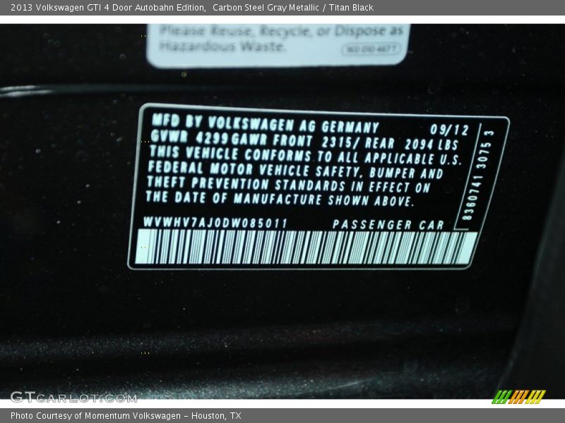 Carbon Steel Gray Metallic / Titan Black 2013 Volkswagen GTI 4 Door Autobahn Edition