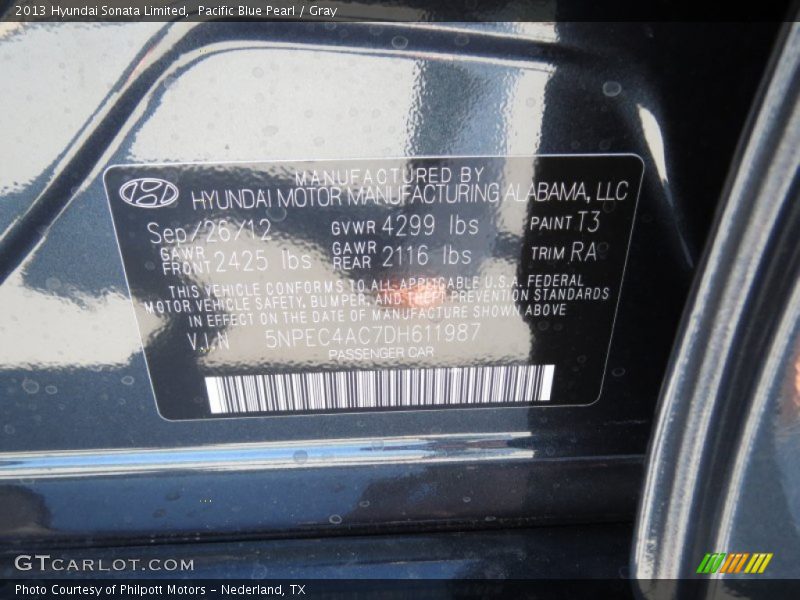 Pacific Blue Pearl / Gray 2013 Hyundai Sonata Limited