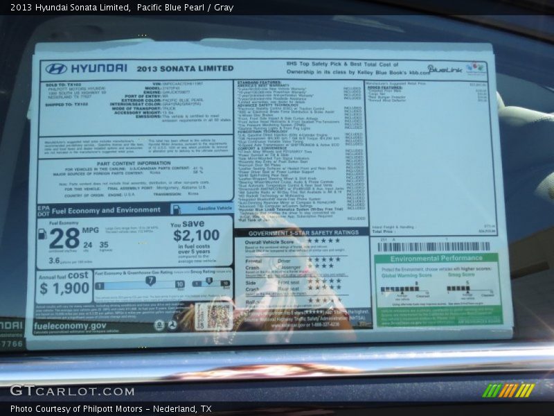 Pacific Blue Pearl / Gray 2013 Hyundai Sonata Limited