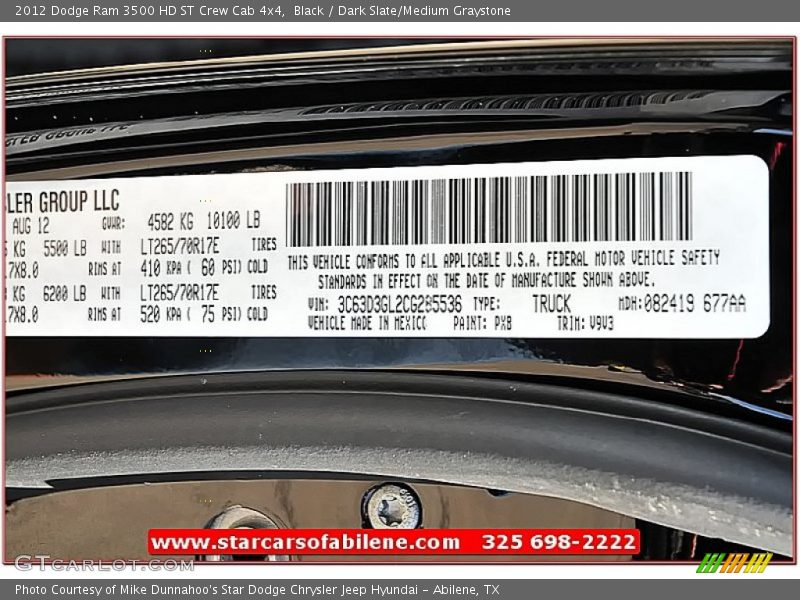 Black / Dark Slate/Medium Graystone 2012 Dodge Ram 3500 HD ST Crew Cab 4x4